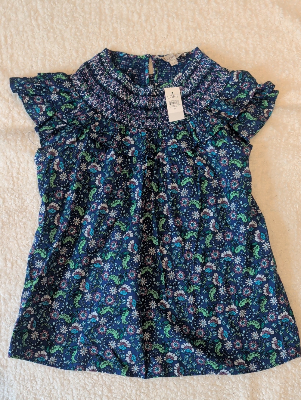 LOFT Navy Floral Smocked Ruffle Sleeve Top. New With Tags.  Size Medium.